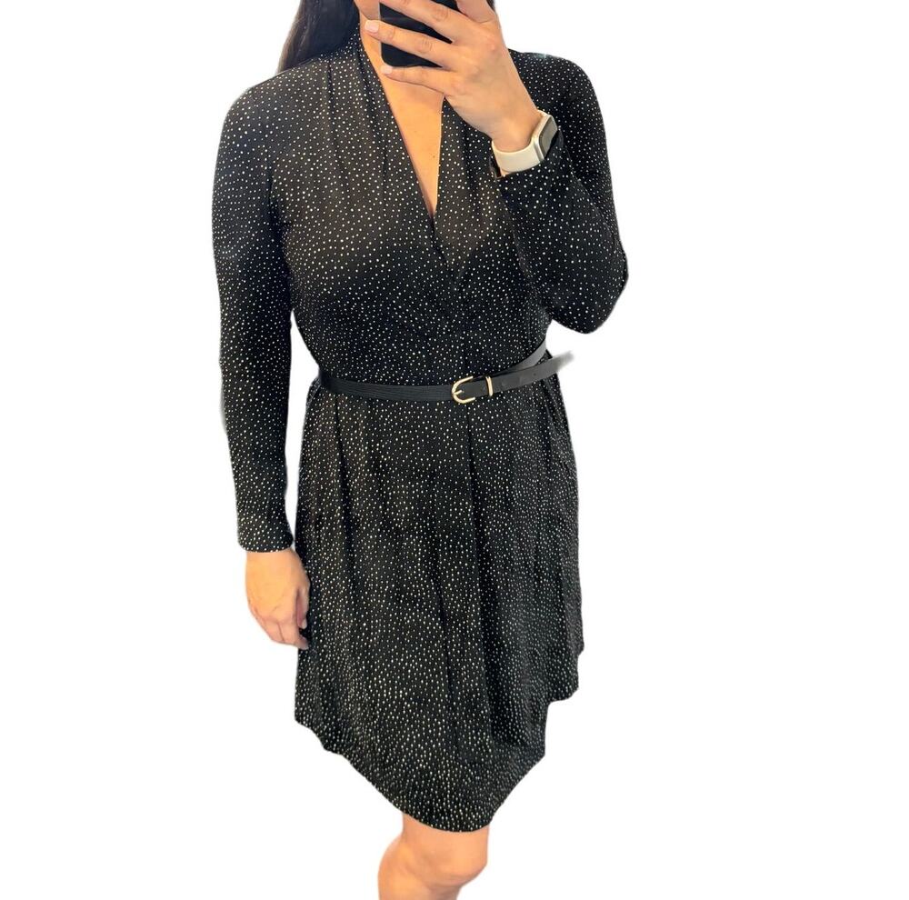 J.Jill Wearever Collection Black Polka Dot Long Sleeve Jersey Dress Small Petite